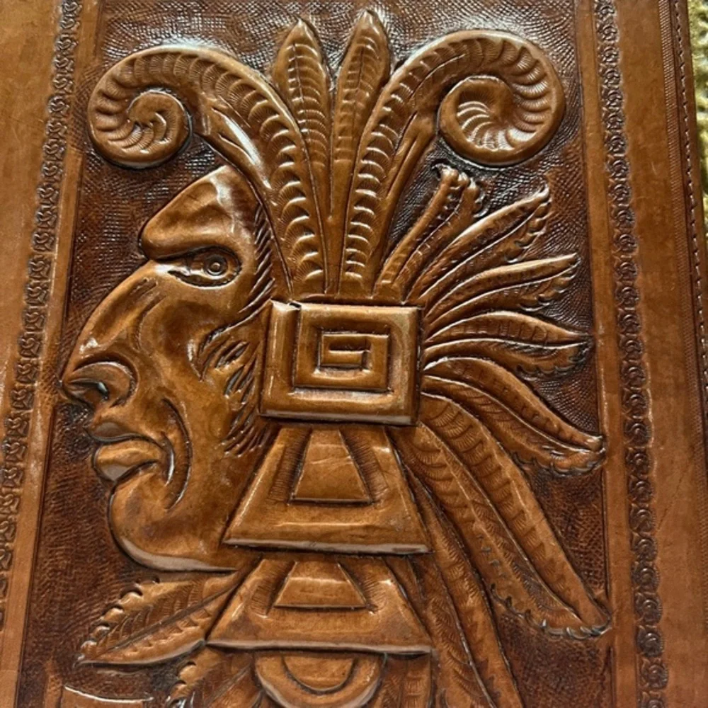 Vintage Tooled‎ Leather Portfolio with Mayan/Aztec Motifs